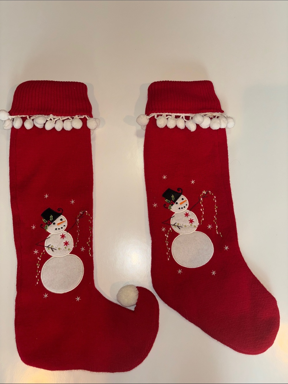 Pair of Wool Snowman Christmas Stocking with Pom-Pom Trim